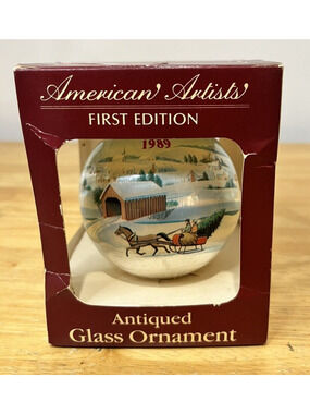 AMERICAN ARTISTS ANTIQUED GLASS CHRISTMAS ORNAMENT FIRST EDITION HORSE SLEIGH